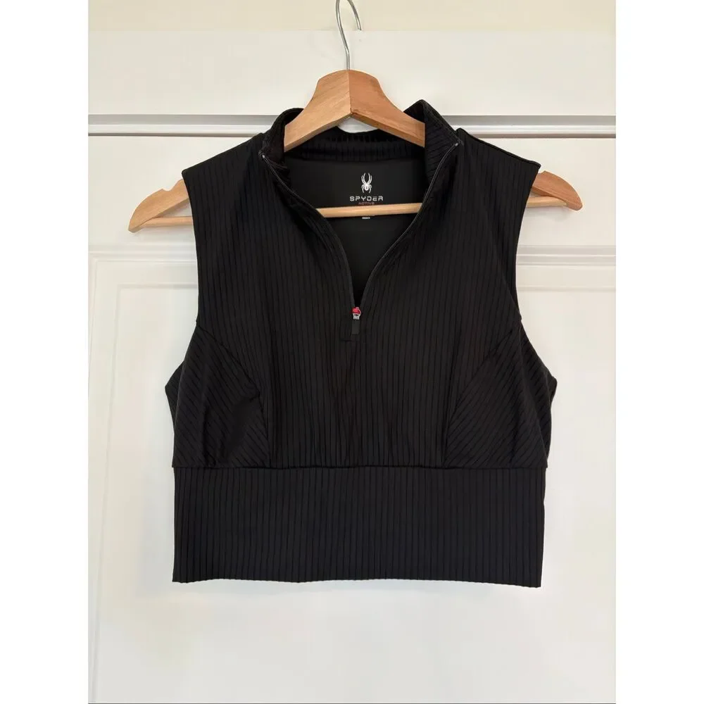 Spyder Active Ribbed Half-Zip Crop Tank with Built-In Bra - Black Size Small